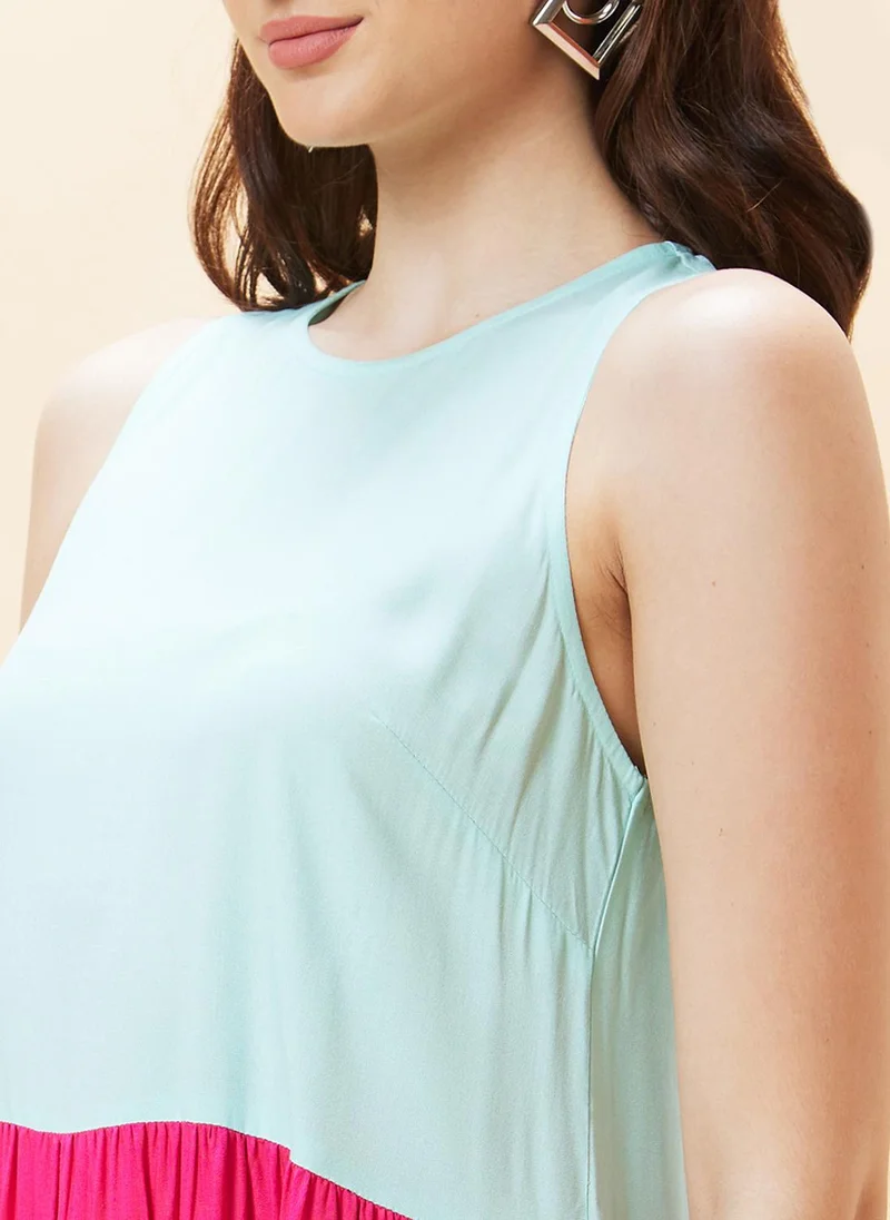 globus Globus Women Pink Colourblocked Round Neck Sleeveless Gathered Tiered A-Line Maxi Dress